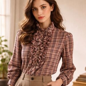 Vtg Rendezvous Plaid Button Up Ruffled Blouse Women's 12 Retro Cottagecore